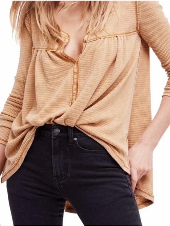 Free People Tops - Free People Kai Thermal Swing Henley Top Beige Waffle Knit Tunic Size Small